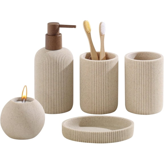 Sxpopstore Bathroom Accessories Set, Sandstone Look Stripe Modern Bath Organizer 5 Pcs, Beige