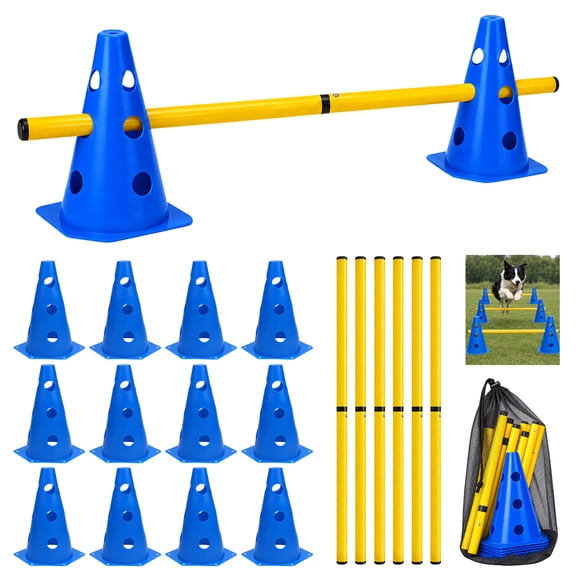 Dog Agility Set Course Backyard Set, Custom Layouts, 9.1 in Cones|Adjustable Height, Sturdy PE Material, Quick Assembly, Stackable Storage, Carry Bag Included, Obstacle and Weave Practice