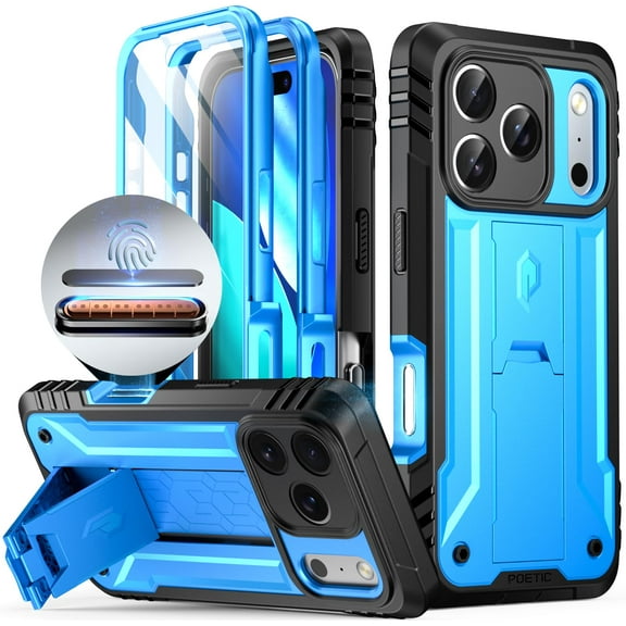 POETIC for iPhone 17 Pro Case with Camera Control Capture Button, [Built-in Stand] [Built-in Screen Protector] Full-Body Military Grade Rugged Phone Case for iPhone 17 Pro, Light Blue
