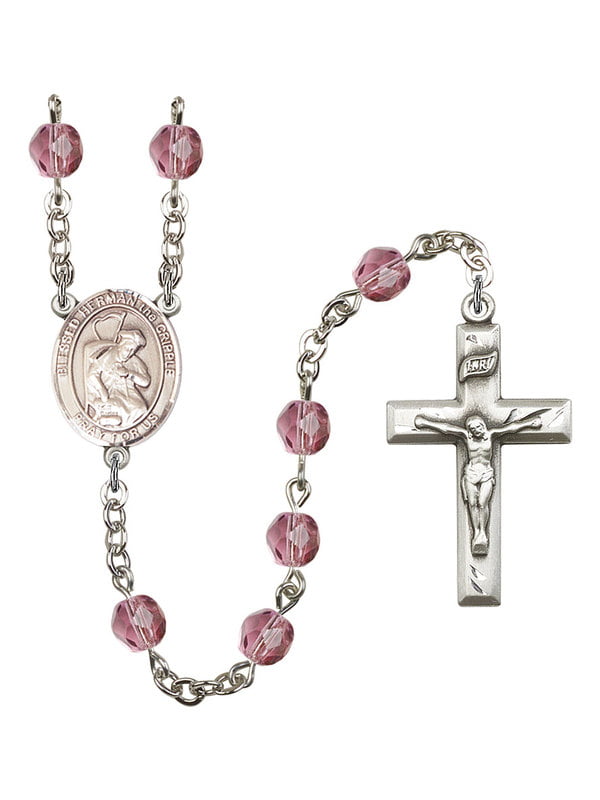 18-Inch Rhodium Plated Necklace with 6mm Garnet Birthstone Beads and Sterling Silver Blessed Herman the Cripple Charm.