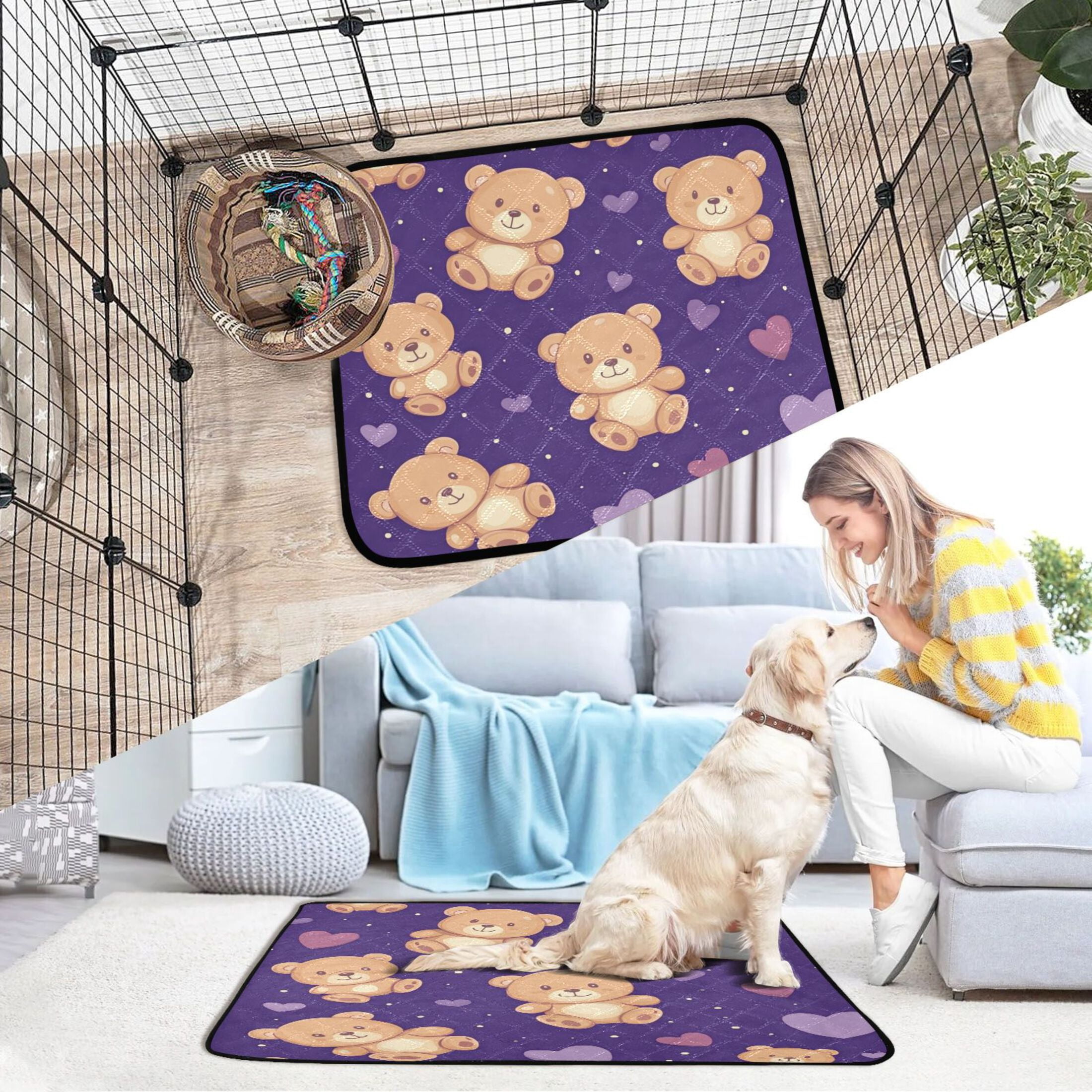 Qxltty Cute Teddy Bear and Heart Pattern Cat litter Pads Pet Set of 3 Diaper Mats Center Anti-leakage Layer Absorbent Soft and Comfortable
