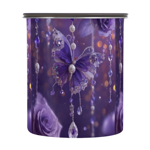 900ml Stainless Steel Food Storage Containers Purple Butterfly Pattern Airtight Kitchen Canisters with Vacuum Lid for Coffee Tea Flour Sugar Grains