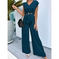 thumbnail image 4 of Women'S Summer 2 Piece 2025 Cap Sleeve V Neck Belted Crop Tops Wide Leg Pants Sets Casual Tracksuit Dark Green XL, 4 of 7