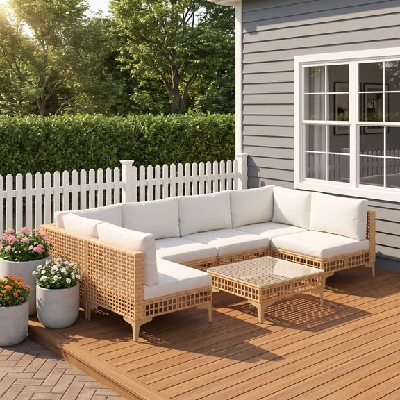 Vicllax 7 Pieces Wicker Outdoor Patio Conversation Set, Outdoor Furniture Sectional Sofa with Cushions for Garden, Yellow