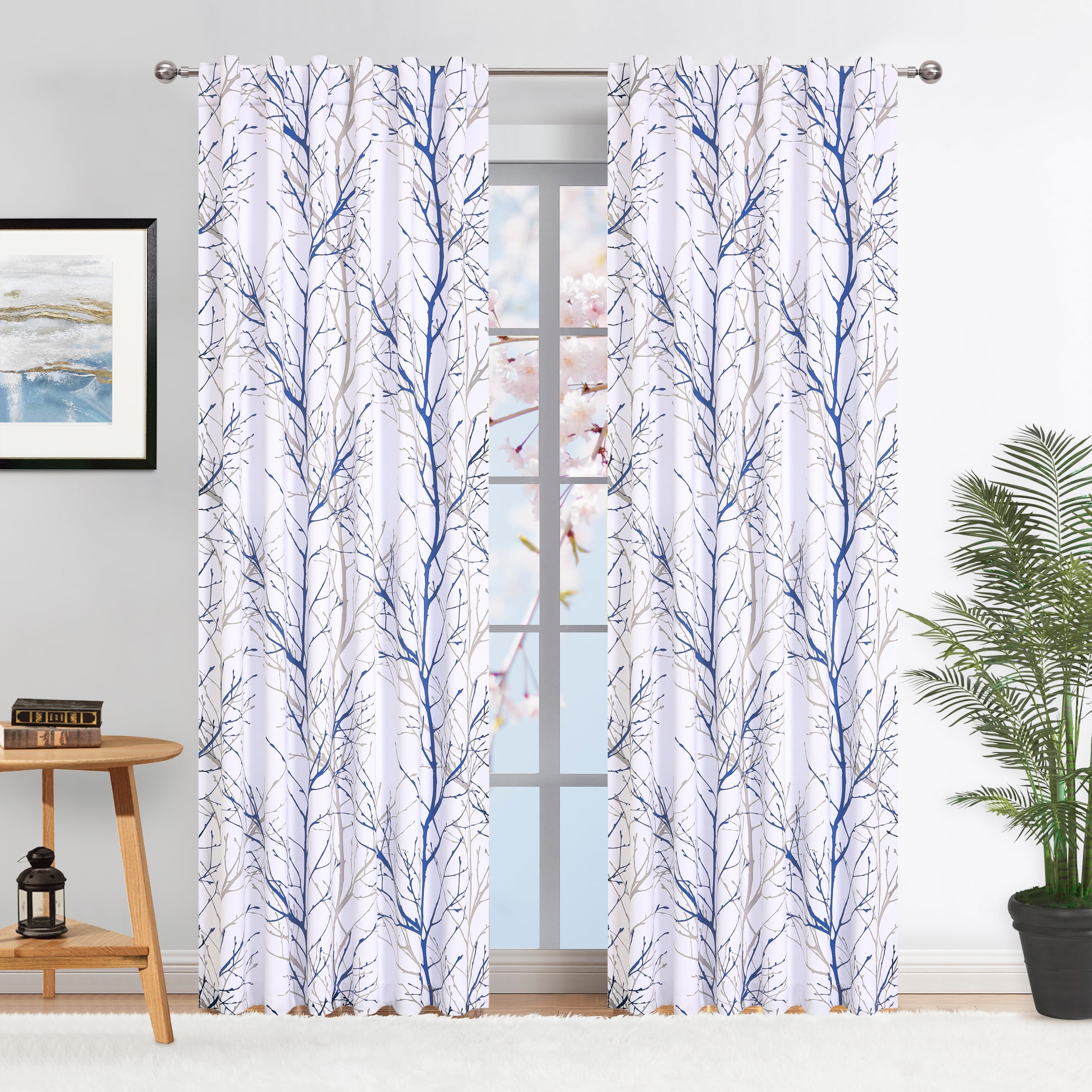 Decoultimatex Blue-White Blackout Curtains Tree Branch Print Thermal ...