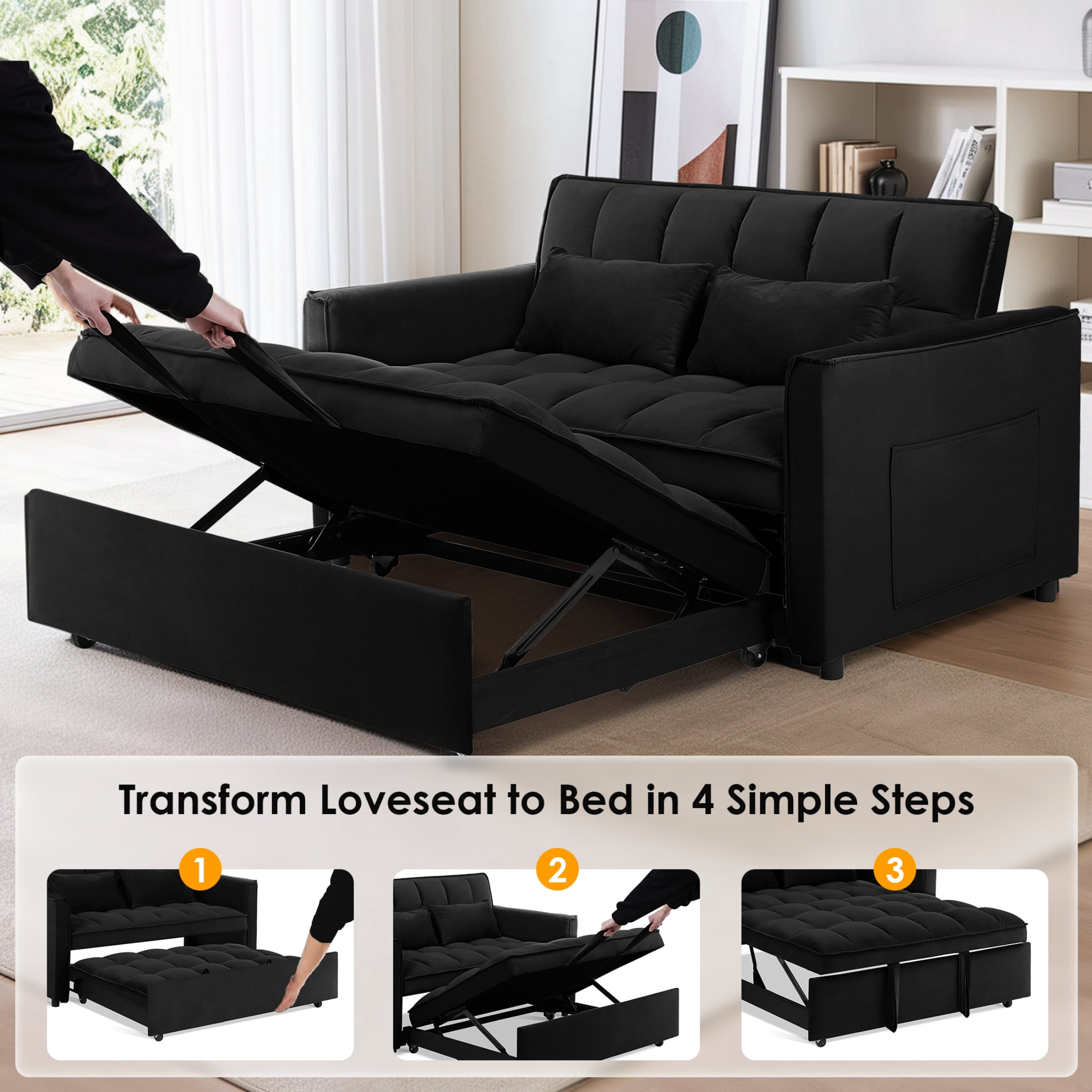 Anpport 3-in-1 Convertible Sleeper Sofa Bed, Pull-Out Loveseat Couch with Adjustable Back, Velvet Fabric, 55", Black