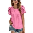thumbnail image 1 of Top con cuello redondo para mujer, escote plisado, mangas cortas de pétalos, tela jacquard, camiseta informal de verano, color rojo rosa S, 1 of 8