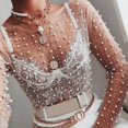 thumbnail image 3 of HSHDLDF Women Long Sleeve Sheer Mesh Crop Top Pearls Rhinestone Cover Up Shirt Blouse, 3 of 5