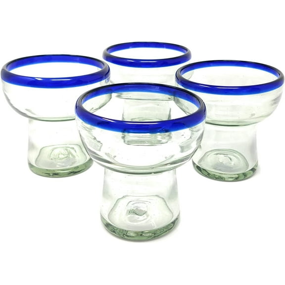 Dos Suenos Mexican Hand Blown Glass  Set of 4 Hand Blown Stemless Blue Rim Margarita Glasses 14oz