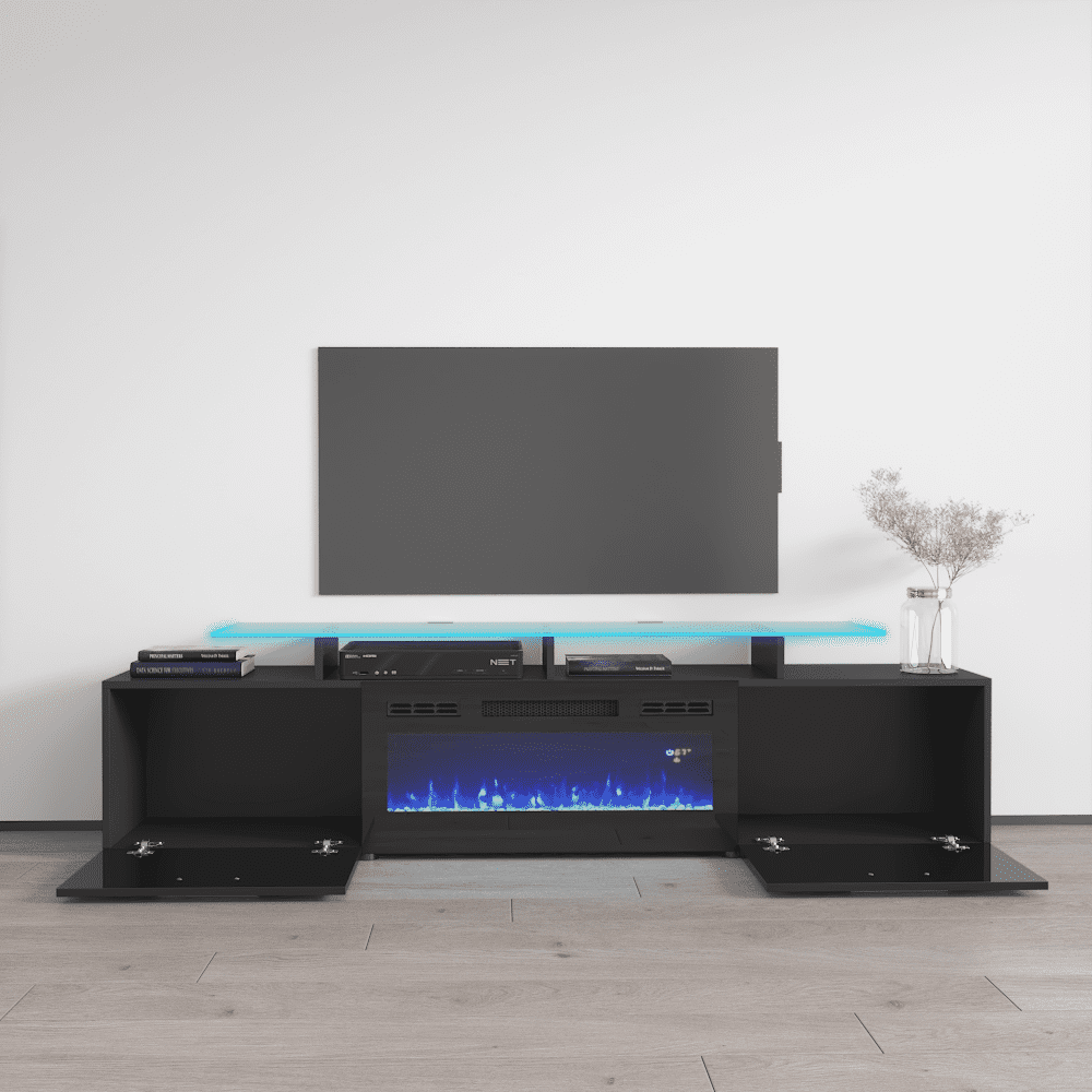 Rova BL-EF Fireplace TV Stand for TVs up to 85", Modern High Gloss 75" Entertainment Center, Electric Fireplace TV Media Console with Storage Cabinets and LED Lights