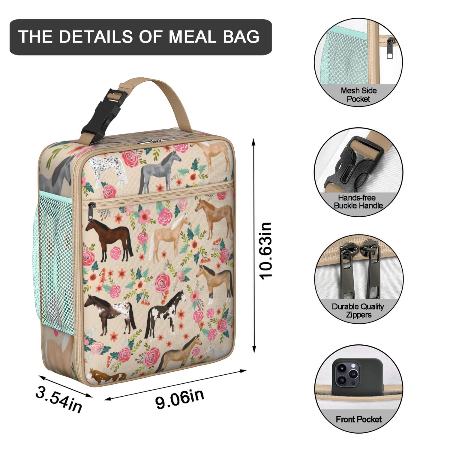 Pony and Unicorn Lunch Box, Cute Horse Print with Flowers and Rainbow, Retro Rural Design, Insulated Bento Cooler for School, Work, Horse Lovers