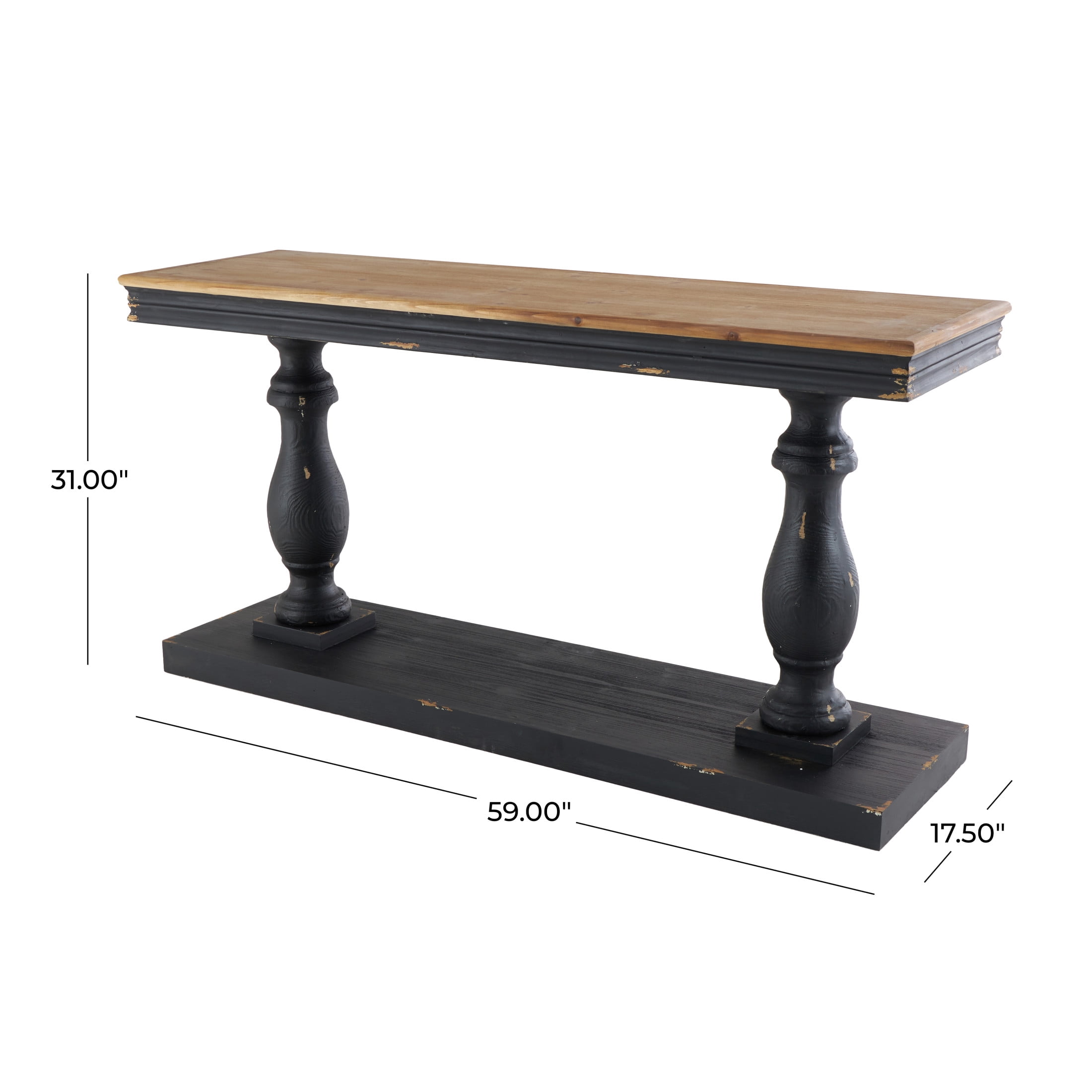 DecMode 59" x 31" Black Wood Distressed Console Table with Brown Wood Top, 1-Piece