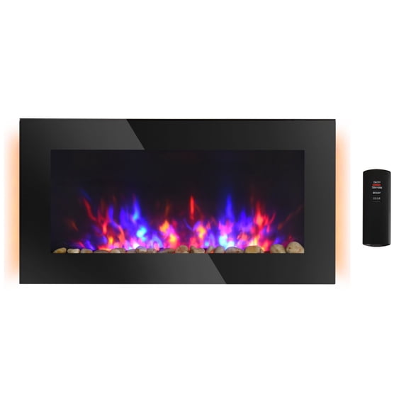 Black Wall Mounted Electric Fireplace - 35.7" Modern Heater with 7 Color LED Flames for Living Room & Bedroom Décor, 750/1500W