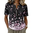 thumbnail image 2 of Stralyhd Cotton Linen Women Tops Short Sleeve Button Down Shirt Summer V Neck Top Dressy Casual Loose Henley Blouses Pink L, 2 of 8