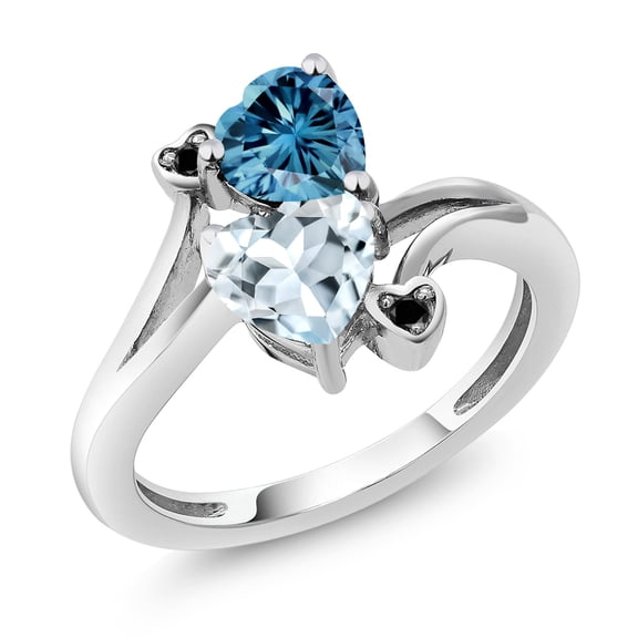 Gem Stone King 10K White Gold Diamond Accent Ring Heart Shape Persian Blue Moissanite and Aquamarine Sky Blue (1.56 Cttw, Size 6)