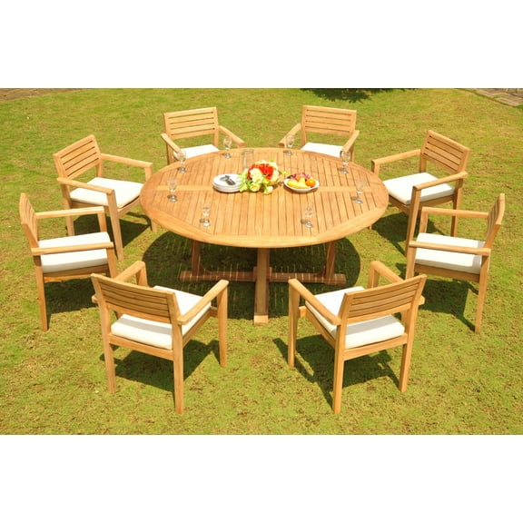 Teak Dining Set: 8 Seater 9 Pc: 72" Round Dining Table And 8 Montana Stacking Arm/Captain Chairs Outdoor Patio Grade-A Teak Wood WholesaleTeak #WMDSMTj