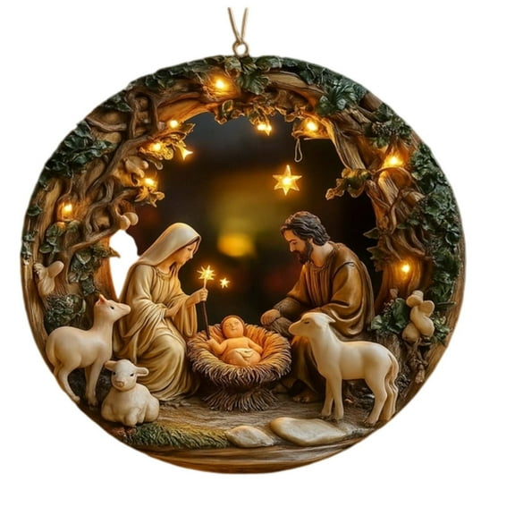 Beautynvta Nativity Scene Christmas Ornament with LED Lights, 3.15'' Acrylic The Birth of Jesus Pendant, Round Religious Ornament Gift, Religious Holiday Hanging Decor