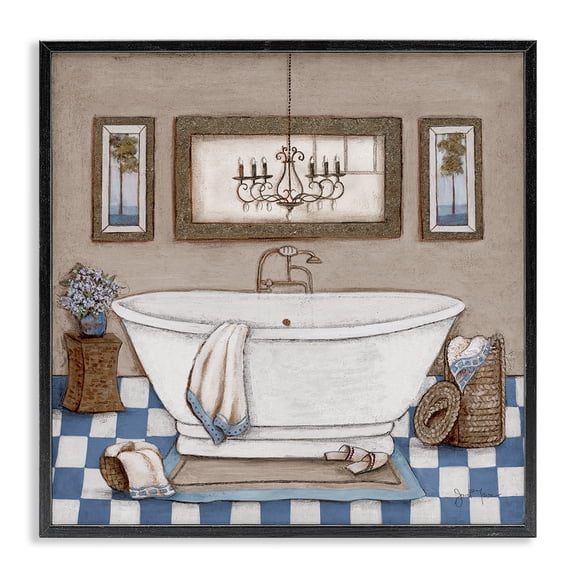 Stupell Industries Traditional Checkered Bathroom & Chandelier Black Framed Giclee Art, 12 x 12, by Janet Tava