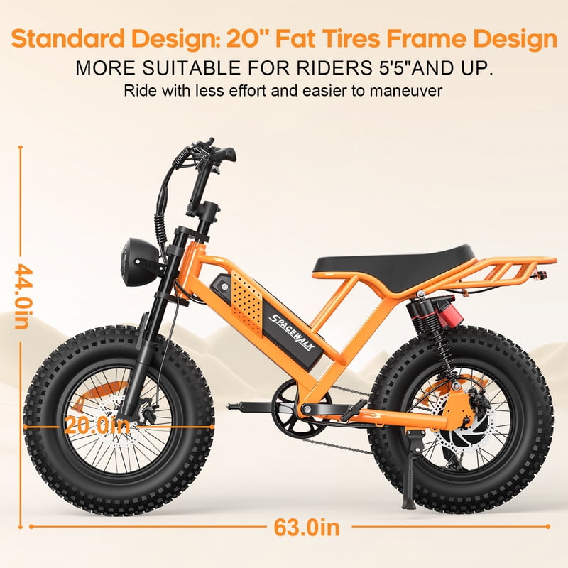 SPACEWALK M7 Electric Bike for Adults–750W Motor,20"x4" Fat Tires,24.9MPH Top Speed, 48V 15Ah Removable Battery,Dual Front & Rear Suspension,Orange