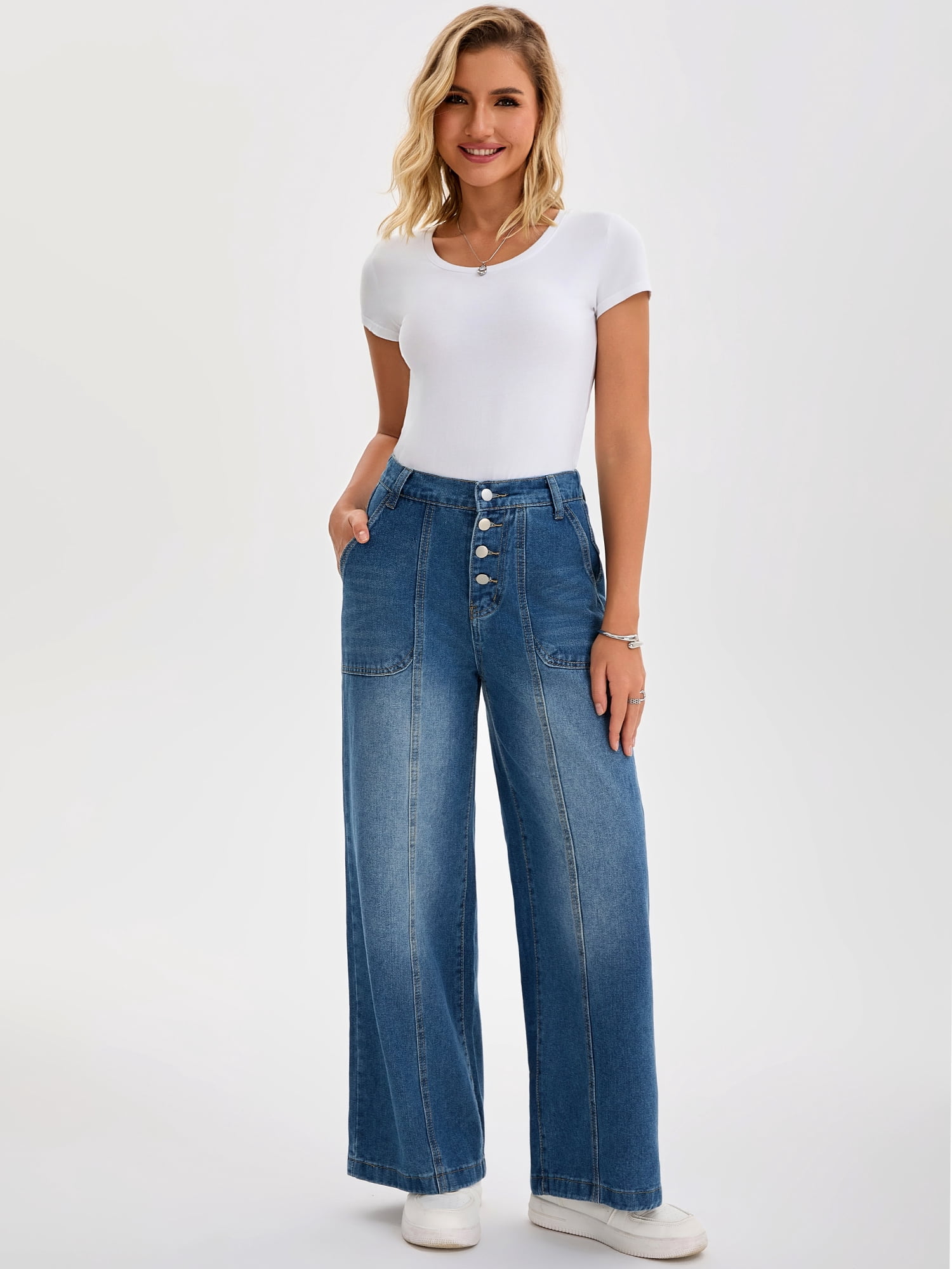 DARING DIVA Women's Button Fly Stretchy Straight Loose Denim Wide Leg Pants XL Blue