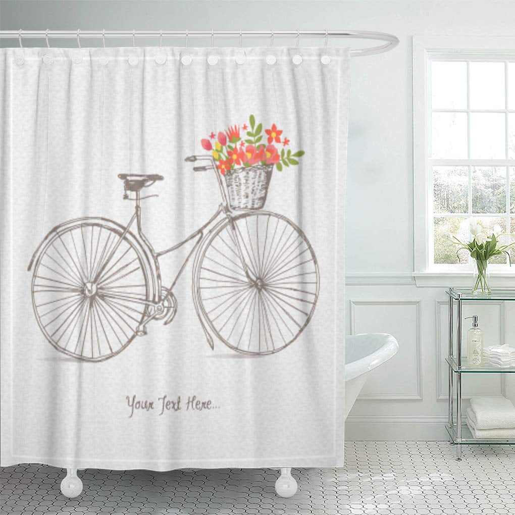 72X72" Full of Flowers in Bicycle Basket White Shower Curtain Bathroom Bath Mat 