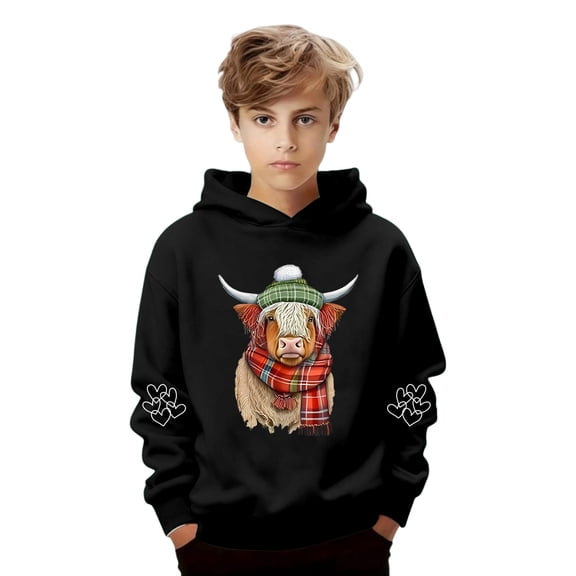 Kids Hoodie Unisex Casual Cute Sweatshirts Highland Cattle Print Long Sleeve Fall Pullover