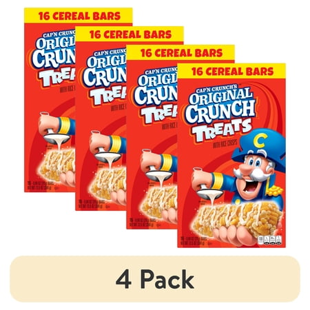 (4 pack) Cap’n Crunch Treats with Rice Crisps Cereal Bars, Original Crunch, 0.84 oz, 16 Count Box