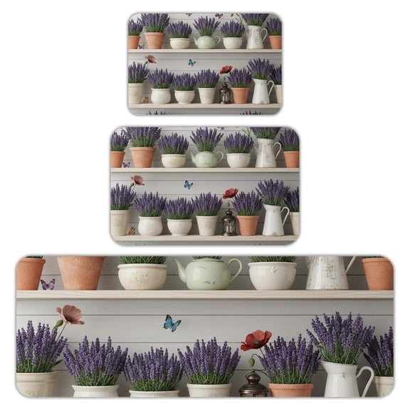 RKSupls Kitchen Rug Set 3 Piece Anti-Slip Flannel Floor Mats, Lavender Washable Absorbent Runner Mats for Kitchen Bathroom Home Decor