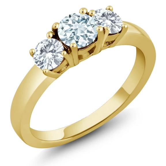 Gem Stone King 18K Yellow Gold Plated Silver 3-Stone Ring Round Sky Blue Aquamarine and Moissanite (0.96 Cttw, Size 5)