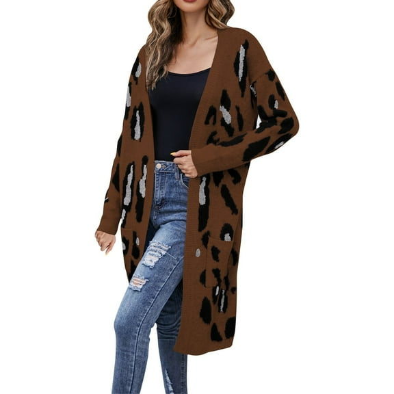 Ladies Winter V Neck Leopard Print Long Cardigan Knit Sweater Coat winter coats for women