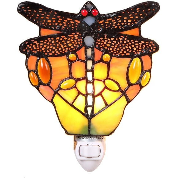 FYBTO L11401 Dragonfly Tiffany Style Stained Glass Night Light Wall Lamp with 5 Inch Wide Handmade Lampshade, Red