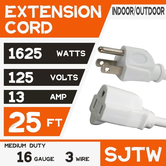 OTGFRF-Heavy Duty Outdoor Extension Cord Waterproof - 25 Ft Extension Cords with 3 Prong Grounded Plug, 16/3 SJTW 13A 1625W White Extension Cable for Lawn, Garden, Appliances, Lights