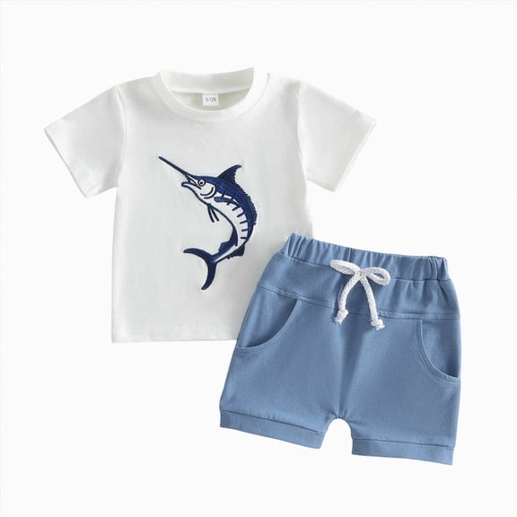 Sopiago Toddler Baby Boy Summer Clothes 1T 2T 3T 4T Cute Animal Print Short Sleeve T-Shirts Tops Drawstring Shorts Outfits(Blue,12-18 Months)