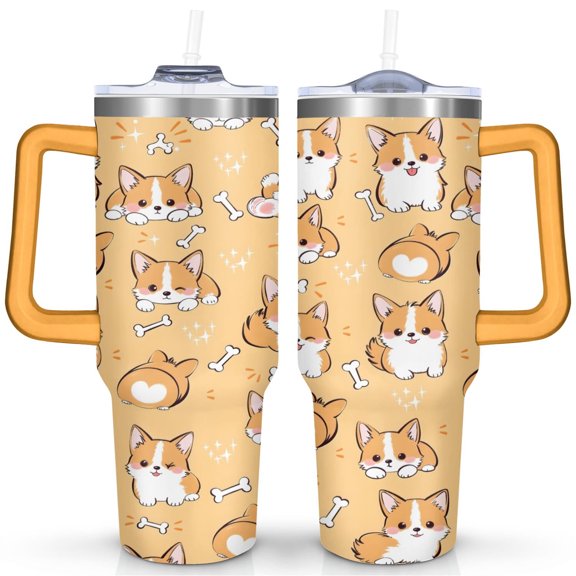 Cartoon Corgi 40 Oz Tumbler with Handle Lid and Straw, Stainless Steel Double Walled Vacuum Insulated Cup, Cute Anniversary Wedding Birthday Gifts Tumbler for Women Men Friends Outdoor Indoor