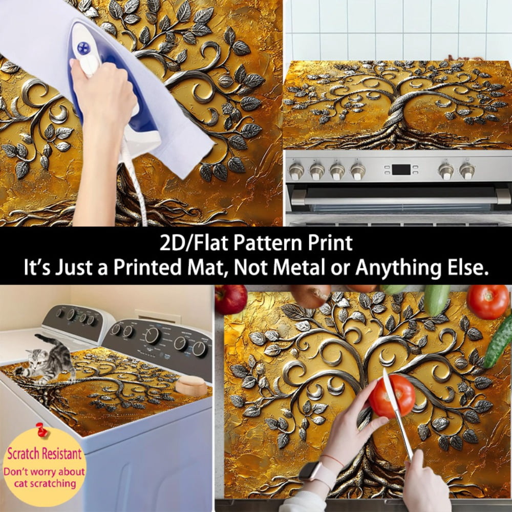 1 2D/flat stove cover protection pad, with a gold base and silver decoration crescent-shaped curve tree pattern design, 28.3x20.5 inches (72×52cm), easy to clean, perfectly suitable for any kitchen,