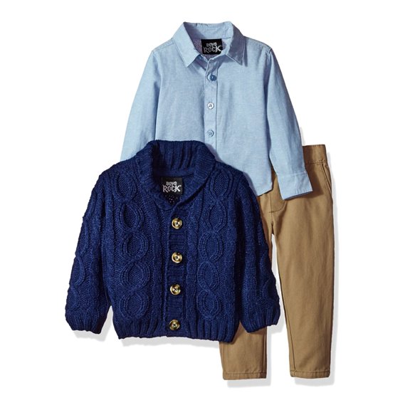 Infant & Toddler Boys 3-Piece Navy Cable Knit Cardigan Chambray Shirt & Pant Set