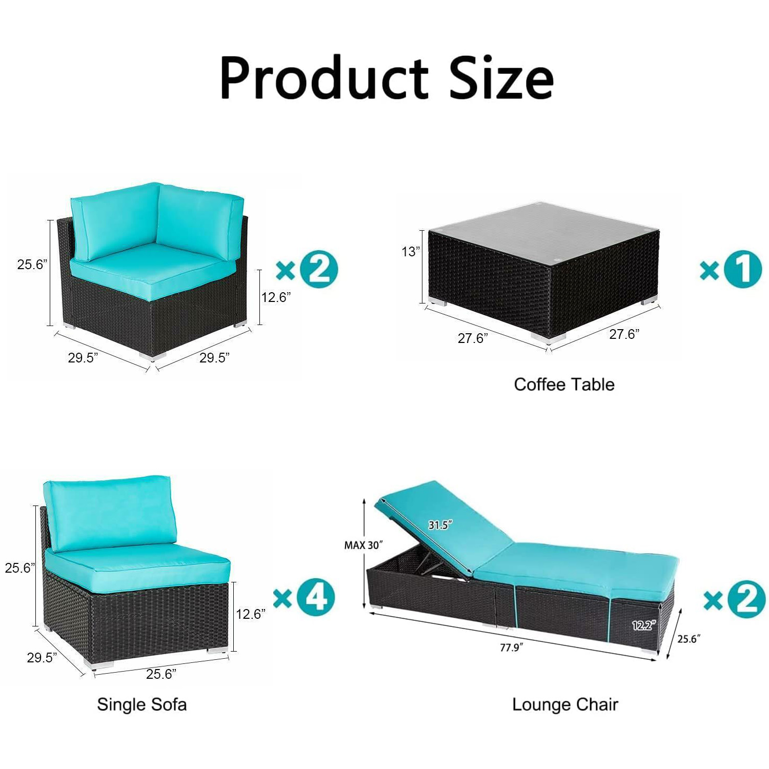 Kinbor 9pcs Outdoor Patio Furniture Sectional Pe Rattan Wicker Rattan Sofa Set with Chaise Lounge Chair, Turquoise - image 5 of 9