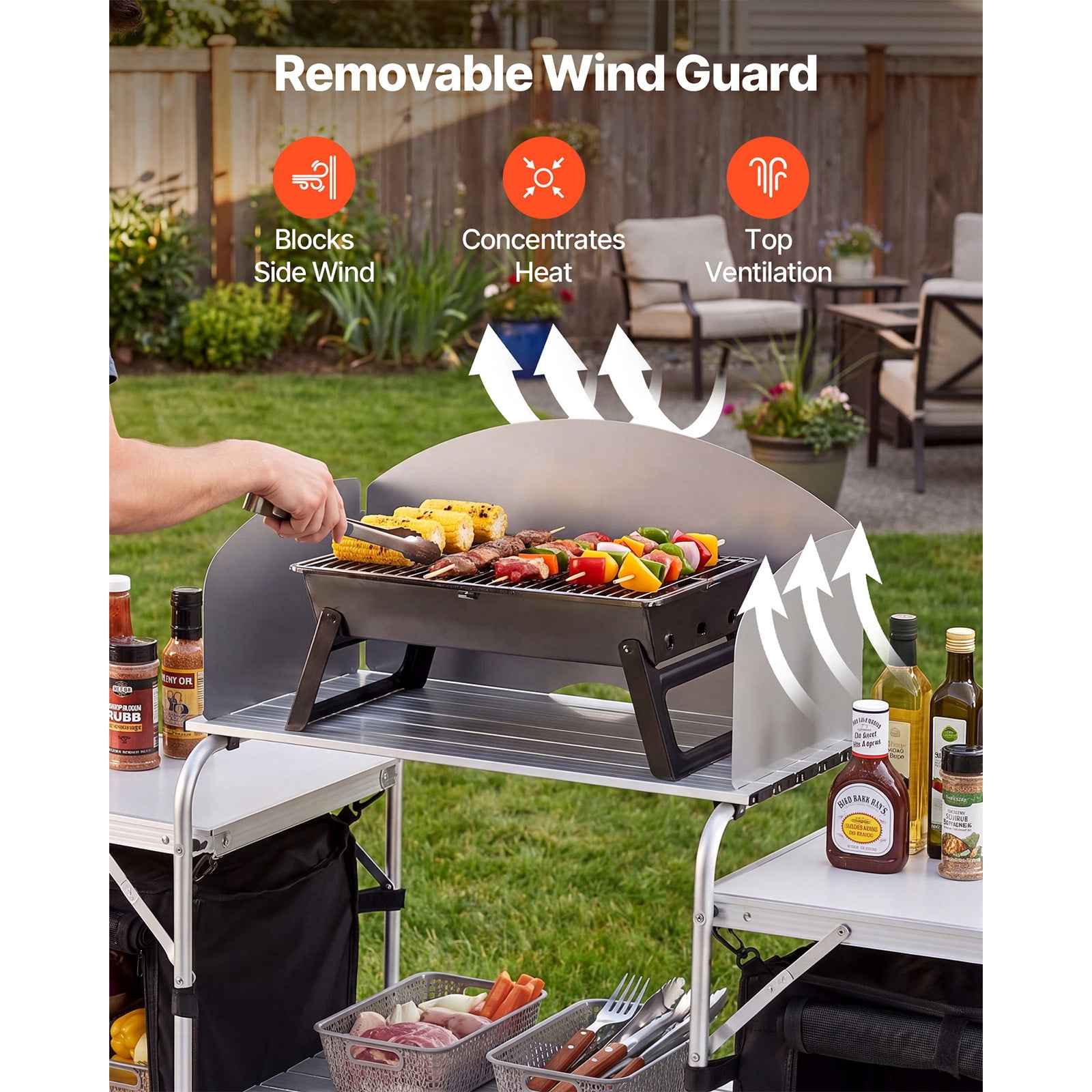 KFFKFF Folding Camping Table, Portable Aluminum Outdoor Table with Quick Setup, Storage Organizer, Detachable Windscreen, and Carry Bag, Perfect for Picnics, BBQs, and Travel