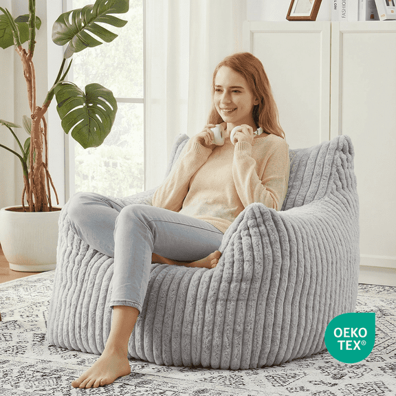 Ebenchico 3ft Bean Bag Chair for Adults Teens Kids with Armrests, Striped Fuzzy BeanBag Chairs with Filling, Light Gray