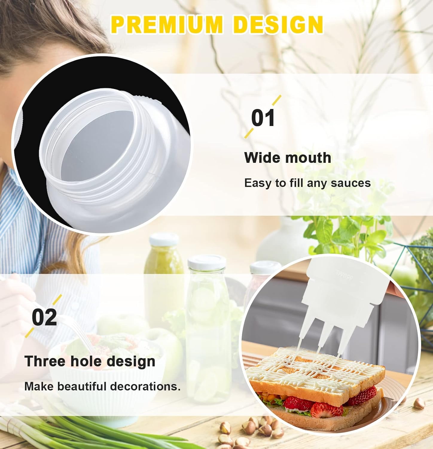 4Pack 23oz Plastic Squeeze Condiment Bottles 3 Holes Sauce Squeeze Bottle Squirt Bottles for for Syrup Ketchup Dressing Oil Honey