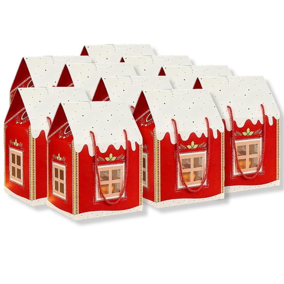 Yucurem 10 Pack Christmas Wonderland Cottage Gift Boxes, 7.87 x 7 x 9 Inches House Shaped Christmas Boxes with Handle, Paper Treat Boxes for Holiday Party Favors