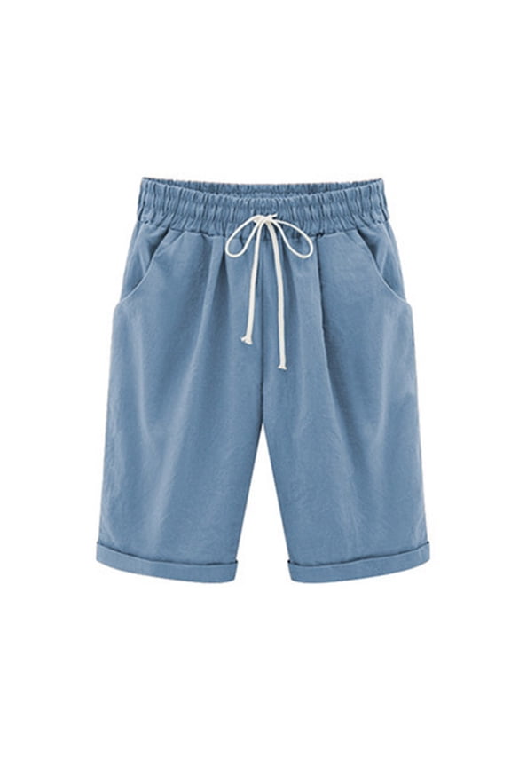 Cotton Linen Shorts for Women Elastic Waist Knee Length Shorts Loose Drawstring Lounge Shorts with Pockets Light Blue X-Large