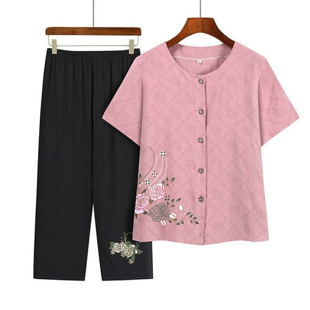 

Lounge Sets for Women Summer Casual Short Sleeve Tops with Full Length/Capri Pants Ladies Vacation Outfits Pajamas Sets