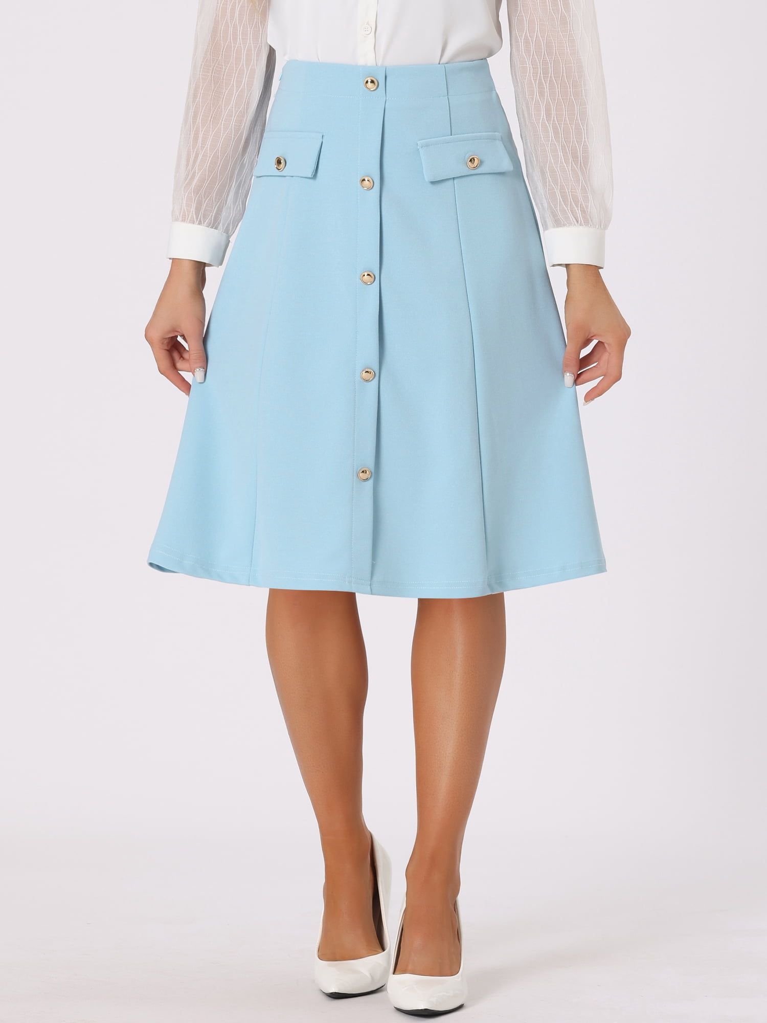 DARING DIVA Women's A-Line Button Front Formal Knee Length Skirt XS Blue