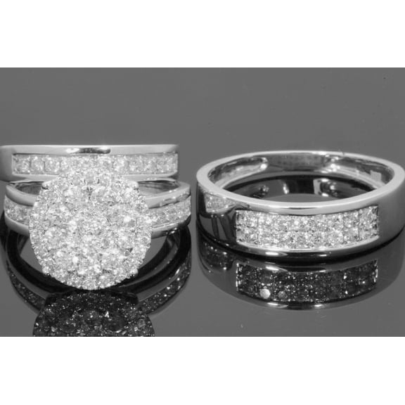 TAAPSEE JEWELS Round Cut Cubic Zirconia His & Her Wedding Trio Ring Set Women 14k White Gold Plated