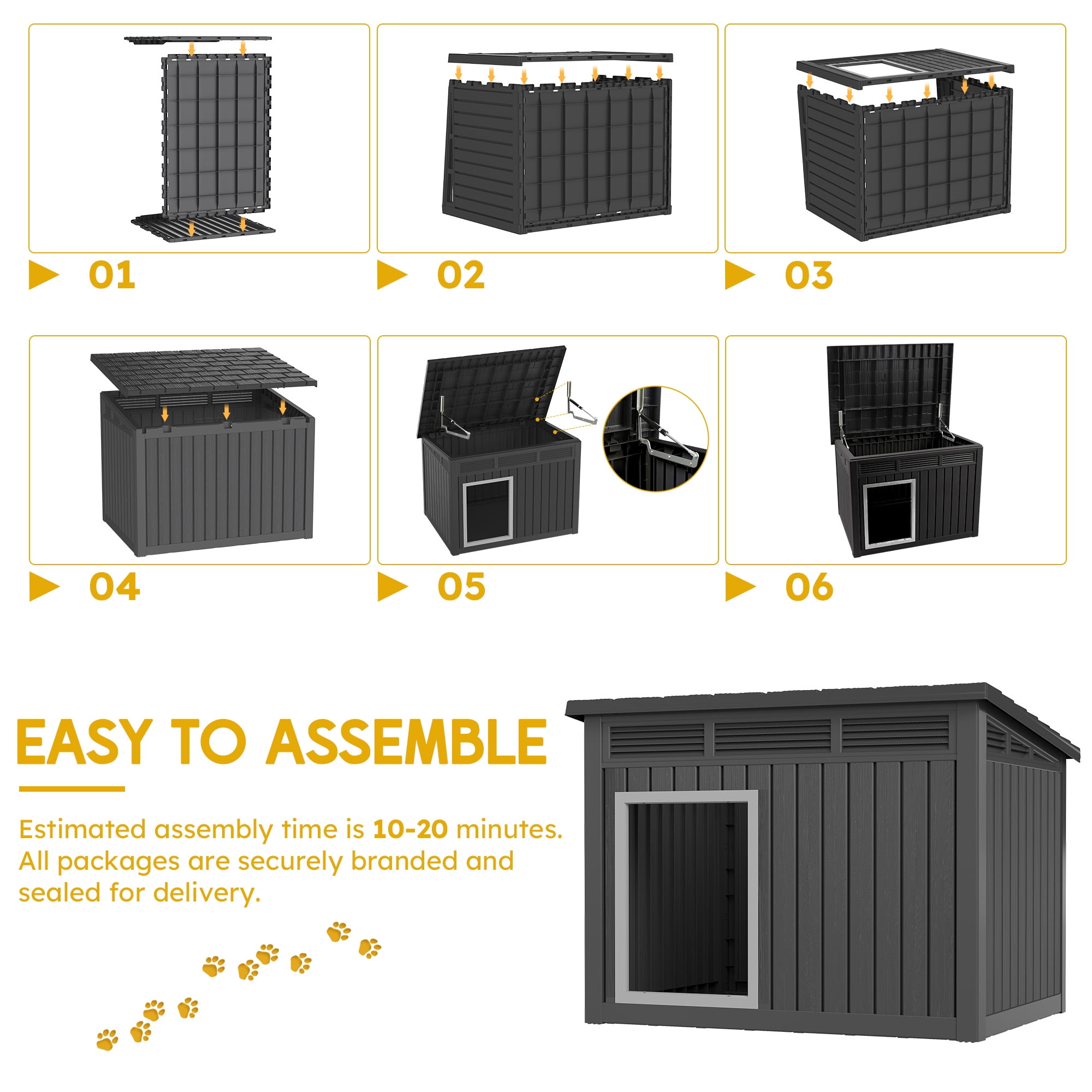 Bifanuo Waterproof Dog House, Indoor Outdoor Kennel with Ventilated Design & Sloping Roof for Medium to Large Dogs, Easy to Clean Design Pet Shelter，PP Material, Black,42.8" L x 33" W x 31.5" H