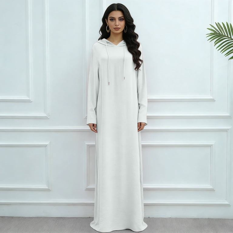 formal eid dresses Abyas Dress Women for Loose Lightweight Hoodie Dress Long Praying Robe Islamic Middle East Maxi Dresses/White/M layering dress