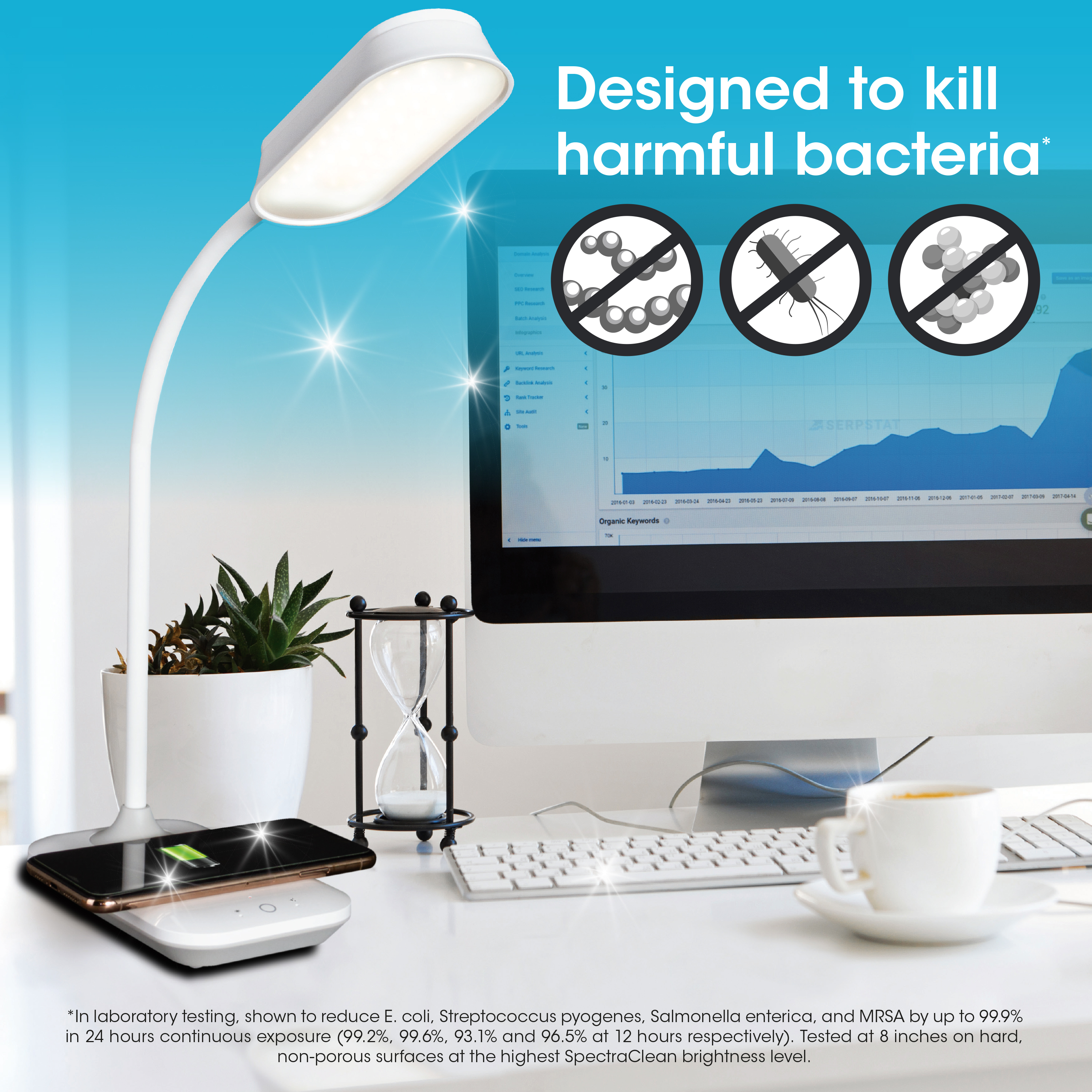 OttLite Achieve LED Sanitizing Desk Lamp with Wireless Charging, White,  Modern Light for Reading, Crafting  Office Desktop