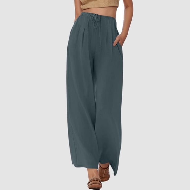 WILLBEST Pantalones Casuales de Verano para Mujer, de Lino, de Cintura Alta, con Cordón, Pierna Ancha, Cómodos y con Bolsillos para Viajar y Relajarse. XXXL