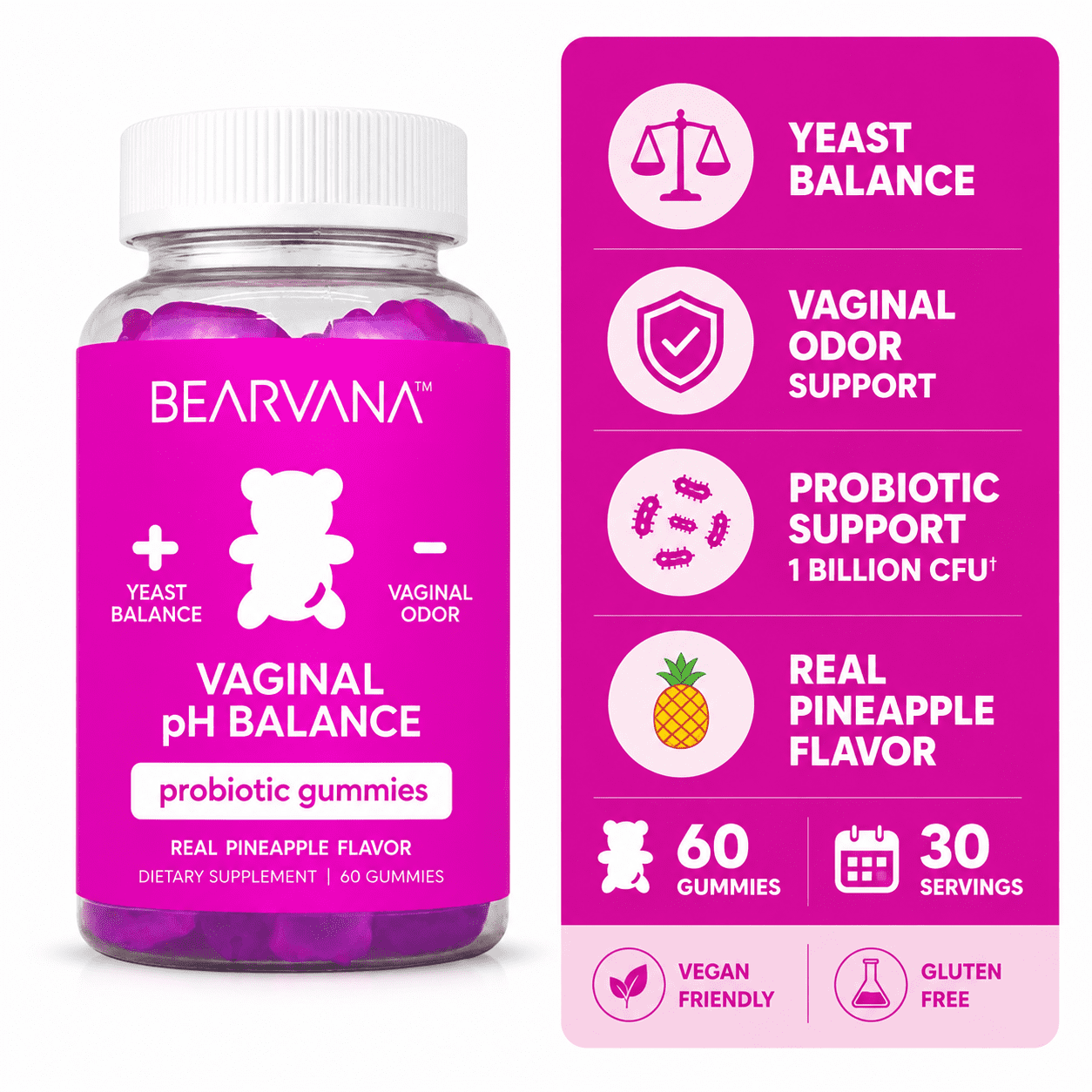BEARVANA Vaginal pH Balance Probiotic Gummies Women's Health Pineapple Flavor 60 Count